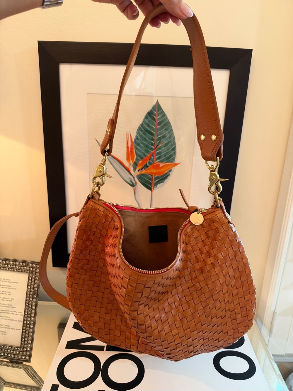 Clare V Moyan Messenger Woven Crossbody Bag in Cognac Brown with Gold Hardware - Picture 11 of 14